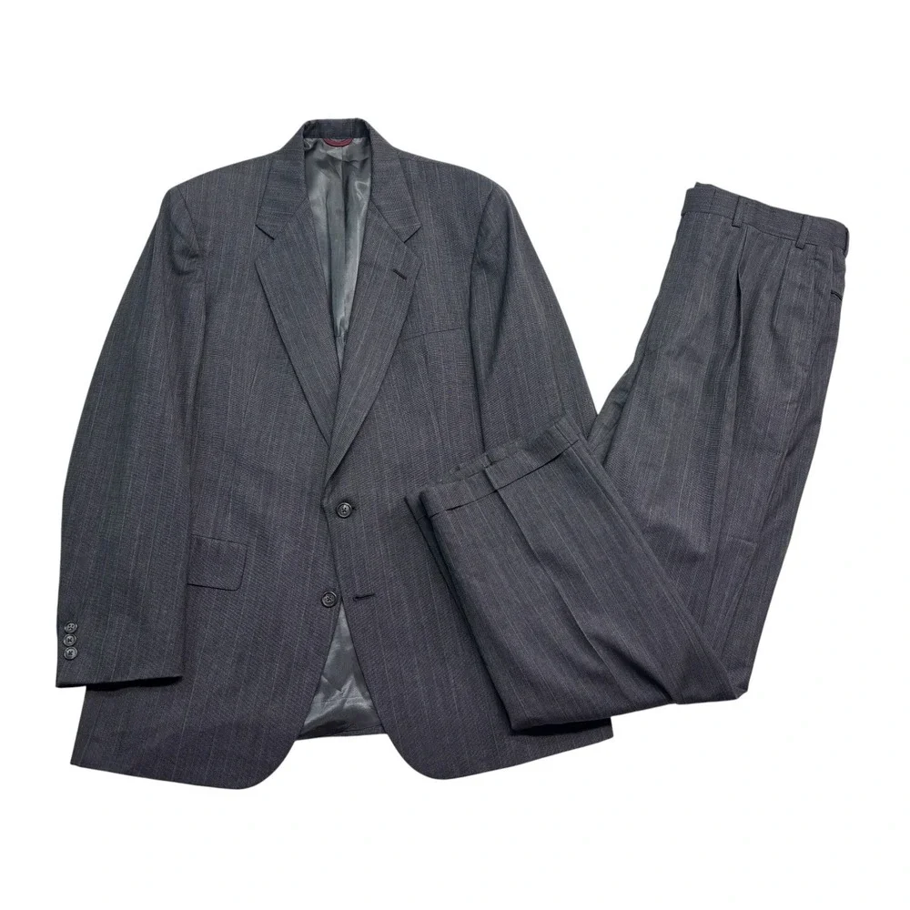 vtg 90s Hart Schaffner Marx 44L 36x32 Gray Stripe 2pc Pant Suit Pleated USA